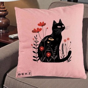 Perna Decorativa Pisica Neagra Flori Rosii Folk, 40x40 cm, Roz, Husa Detasabila, Perna Inclusa, BEKZ®