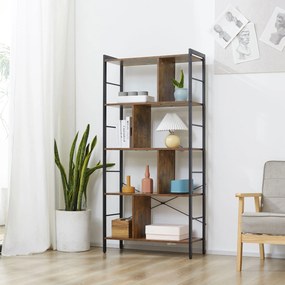 HOMCOM Bibliotecă cu 5 Rafturi, Compartimente Deschise, 77 x 30 x 157,5 cm, Maro Rustic și Negru | Aosom Romania