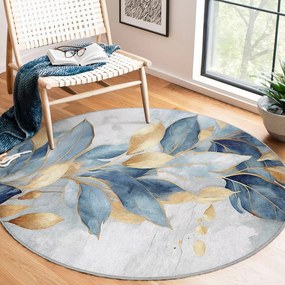 Covor albastru/auriu lavabil rotund ø 80 cm Golden Leaves – Mila Home