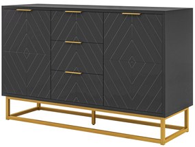 HOMCOM Bufet design contemporan grafic 2 dulapuri usa rafturi reglabile 3 sertare glisante din lemn negru metal aur | Aosom Romania