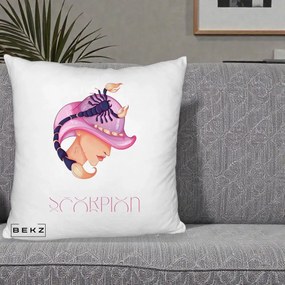Perna Personalizata Zodiac Scorpion Cowgirl, 40x40 cm, Alb Pufos, Husa Detasabila, Perna Inclusa, BEKZ®