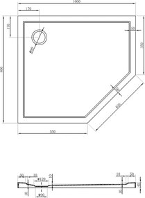 Mexen Flow cadă de duș pentagonală slim stânga 100 x 80 cm, alb lucios - 46P108010L