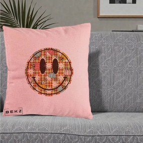 Perna Decorativa Smiley Face de Toamna cu Tartan si Dovlecei, 40x40 cm, Roz, Husa Detasabila, Perna Inclusa, BEKZ®