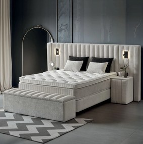 Boxspring ~FLORIDA~ lada de depozitare, saltea cu topper, material boucle, culoare bej 180x200