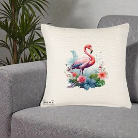 Perna Decorativa Flamingo cu Flori Tropicale Acuarela, 40x40 cm, Crem Reliefat, Husa Detasabila, Perna Inclusa, BEKZ®