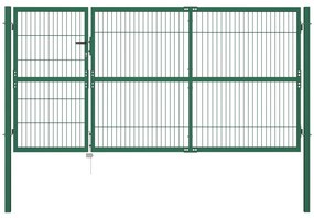 vidaXL Poartă gard de grădină cu stâlpi, verde, 350 x 140 cm, oțel