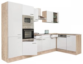 Mobilă de bucătărie de colț Yorki 340, corp din stejar Sonoma, față alb satinat, cu dulap cu raft