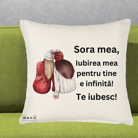 Cadou pentru Sora - Perna Personalizata Sora Mea Te Iubesc Doua Fete Iarna Acuarela, 40x40 cm, Crem Reliefat, Husa Detasabila, Perna Inclusa, BEKZ®