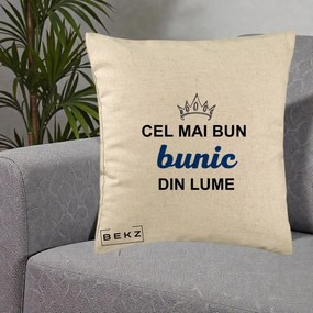 Cadou pentru Bunic - Perna Personalizata Cel Mai Bun Bunic Din Lume Coroana Albastra, 40x40 cm, Bej, Husa Detasabila, Perna Inclusa, BEKZ®