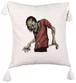 Perna Decorativa cu Franjuri cu motiv Zombie de Halloween 1, 45x45 cm, Ecru, Cu fermoar