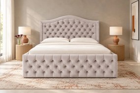 Pat tapițat Chesterfield din catifea Solaria Deluxe 200×200 cm, crem, cu ladă de depozitare