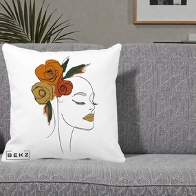Perna Decorativa Portret Feminin Trandafiri Ruginii, 40x40 cm, Alba Mata, Husa Detasabila, Perna Inclusa, BEKZ®