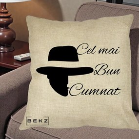 Cadou pentru Cumnat - Perna Personalizata Cel mai Bun Cumnat cu Silueta Palarie, 40x40 cm, Crem, Husa Detasabila, Perna Inclusa, BEKZ®