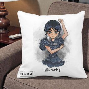 Perna Personalizata Wednesday Addams Dancing Queen, 40x40 cm, Alba Mata, Husa Detasabila, Perna Inclusa, BEKZ®