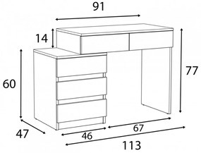 BIA514 - Birou stanga/dreapta, 113 cm, masa de calculator cu 5 sertare, office - Alb