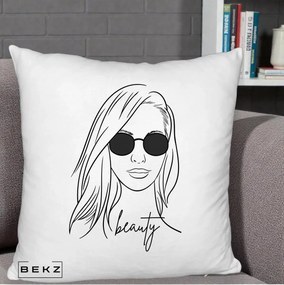 Perna Decorativa Beauty Girl Line Art, 40x40 cm, Alb Pufos, Husa Detasabila, Perna Inclusa, BEKZ®