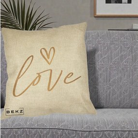 Perna Decorativa Love Caligrafie Aurie, 40x40 cm, Crem, Husa Detasabila, Perna Inclusa, BEKZ®