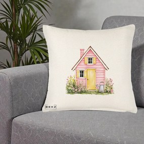 Perna Decorativa Casuta Roz Acuarela cu Gradina, 40x40 cm, Crem Reliefat, Husa Detasabila, Perna Inclusa, BEKZ®