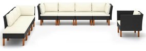Set mobilier gradina 9 piese negru poliratan lemn eucalipt Negru, 3x canapea de colt + 4x canapea de mijloc + fotoliu + suport pentru picioare, 1