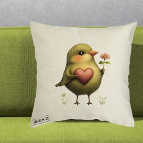 Perna Decorativa Pasare Verde cu Inima si Floare, 40x40 cm, Ecru, Husa Detasabila, Perna Inclusa, BEKZ®