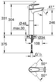 GROHE BAUEDGE baterie pentru lavoar cu pipa de 304 mm, crom lucios - 32860001
