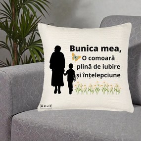 Cadou pentru Bunica - Perna Personalizata Bunica Mea Comoara cu Fluture si Baietel, 40x40 cm, Crem Reliefat, Husa Detasabila, Perna Inclusa, BEKZ®