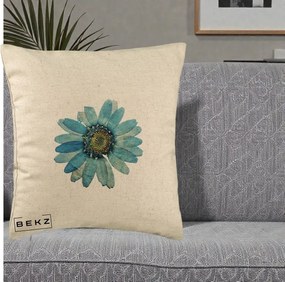 Perna Decorativa Floare Margareta Albastra Acuarela, 40x40 cm, Bej, Husa Detasabila, Perna Inclusa, BEKZ®