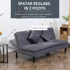 HOMCOM Canapea extensibila cu 3 locuri cu spatar reglabil pe 2 niveluri si scaun tapitat, efect de catifea gri | AOSOM RO