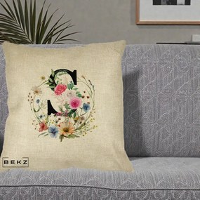 Cadou Personalizat - Perna Personalizata Monogram Litera S cu Flori Acuarela, 40x40 cm, Crem, Husa Detasabila, Perna Inclusa, BEKZ®