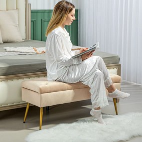 HOMCOM Bancă de depozitare în aspect de catifea, Hocker căptușit cu design căptușit, Cadru metalic, 102 x 35 x 43 cm, Bej | Aosom Romania