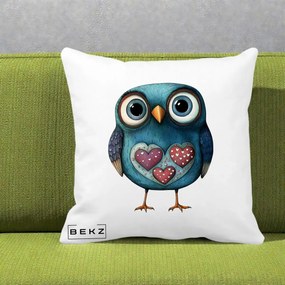 Perna Decorativa Bufnita Teal cu Doua Inimi, 40x40 cm, Alba Mata, Husa Detasabila, Perna Inclusa, BEKZ®