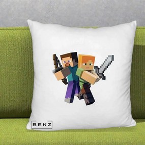 Perna Personalizata Minecraft Steve si Alex, 40x40 cm, Alb Pufos, Husa Detasabila, Perna Inclusa, BEKZ®
