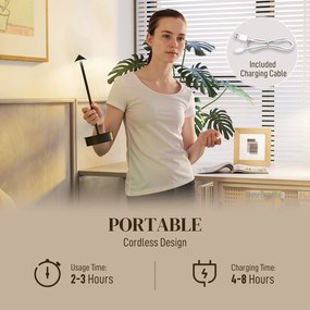 HOMCOM Lampă de Masă Reîncărcabilă cu USB, Lampă Fără Fir cu Temperatura Culorii Reglabilă 3000K/4500K/6500K, Control Tactil, Autonomie 4-8 Ore, Negru | Aosom Romania