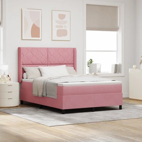 vidaXL Pat box spring cu saltea, roz, 140x200 cm, catifea