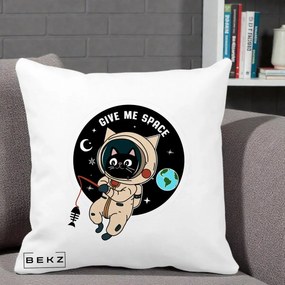 Perna Decorativa Give Me Space Pisica Astronaut, 40x40 cm, Alba Mata, Husa Detasabila, Perna Inclusa, BEKZ®