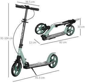 HOMCOM Scuter pliabil pentru adulți +14 ani cu ghidon reglabil, roți mari de 20 cm, amortizor și frână dublă din aluminiu - verde | Aosom Romania