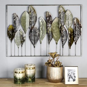 Decoratiune pentru perete Palm leaf, metalic,verde maro  auriu, 70x100x5