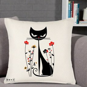 Perna Decorativa Pisica Neagra Grafica Flori Rosii, 40x40 cm, Crem Reliefat, Husa Detasabila, Perna Inclusa, BEKZ®