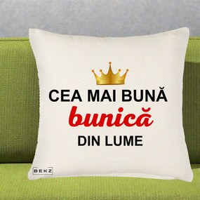 Cadou pentru Bunica - Perna Personalizata Cea Mai Buna Bunica Din Lume Coroana Aurie, 40x40 cm, Crem Reliefat, Husa Detasabila, Perna Inclusa, BEKZ®