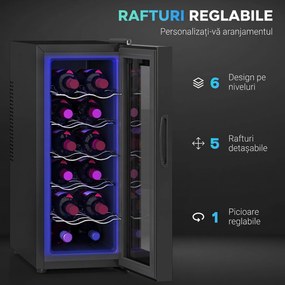 HOMCOM Frigider Termoelectric Dublu pentru 12 Sticle de Vin cu Ușă de Sticlă și Lumină LED, 26,5x51,5x65 cm, Negru | Aosom Romania