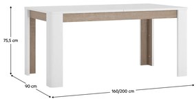 Masa dining extensibila, alb extra lucios HG   stejar Sonoma inchis   trufa, 160-200x90 cm, LYNATET TIP 75