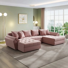 Colțar extensibil dumonde cu ladă de depozitare si sezut confortabil din spuma high-density, Loana U Royal Pink 355x185 cm