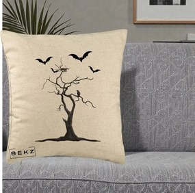 Perna Decorativa Halloween Copac cu Lilieci Alb-Negru, 40x40 cm, Bej, Husa Detasabila, Perna Inclusa, BEKZ®