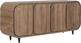 Bufet rustic din lemn de tec reciclat, natur, cu 4 uși cu colțuri rotunjite și picioare din metal negru, 80 x 200 x 45 cm, „Granville”