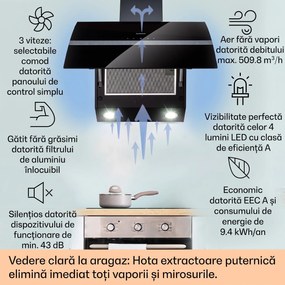 Klarstein Clara 60, hotă, 591 m³/h, ecran tactil, iluminare ambientală