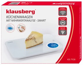 Cantar de bucatarie Klausberg KB 7938, 5 Kg, Bluetooth, Aplicatie mobila, LCD, Tare, 4 indicatori, Lichide, Indicatori, Alb/albastru