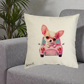 Perna Decorativa Chihuahua Roz in Masinuta, 40x40 cm, Ecru, Husa Detasabila, Perna Inclusa, BEKZ®