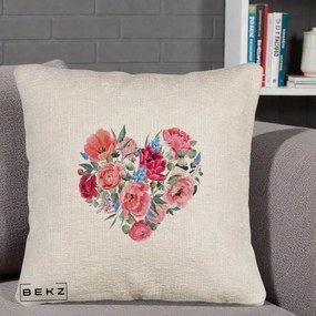 Perna Decorativa Inima din Bujori Acuarela, 40x40 cm, Bej Canapea, Husa Detasabila, Perna Inclusa, BEKZ®