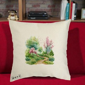 Perna Decorativa Gradina Primavara Acuarela, 40x40 cm, Ecru, Husa Detasabila, Perna Inclusa, BEKZ®