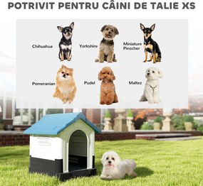 PawHut Cușcă pentru Câini de Exterior din Plastic, Căsuță pentru Câini Mici și Mini cu Ferestre, Acoperiș Înclinat și Bază Ridicată, 64,5x57x66 cm, Albastru | Aosom Romania